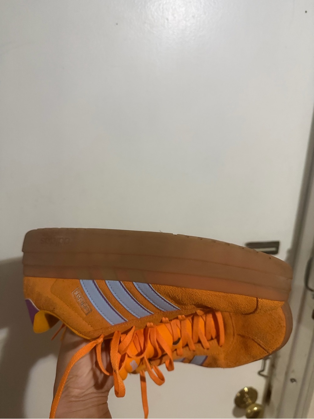 adidas women’s Orange Suede Sneakers with Purple Stripes - Picture 4 of 9